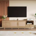 JVNOXK 77-inch Mid-Century Modern Natural Rattan TV Console, Suitable for TVs 65 inches and larger, Entertainment Center with Open Storage and Drawers