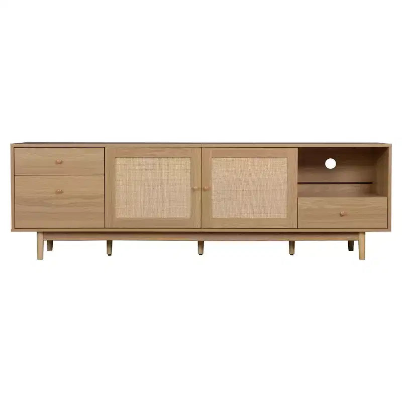 Mobile TV in rattan stile Mid-Century moderno da 77" per TV da 65"+, con cassetti e vani aperti
