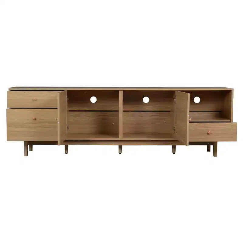 Mobile TV in rattan stile Mid-Century moderno da 77" per TV da 65"+, con cassetti e vani aperti