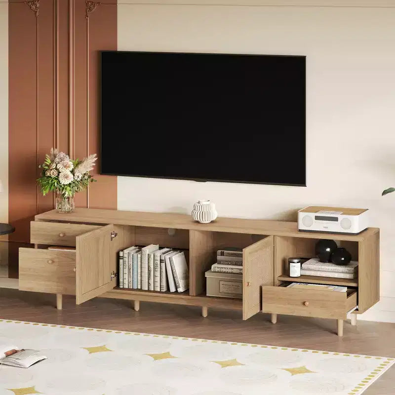 Mobile TV in rattan stile Mid-Century moderno da 77" per TV da 65"+, con cassetti e vani aperti